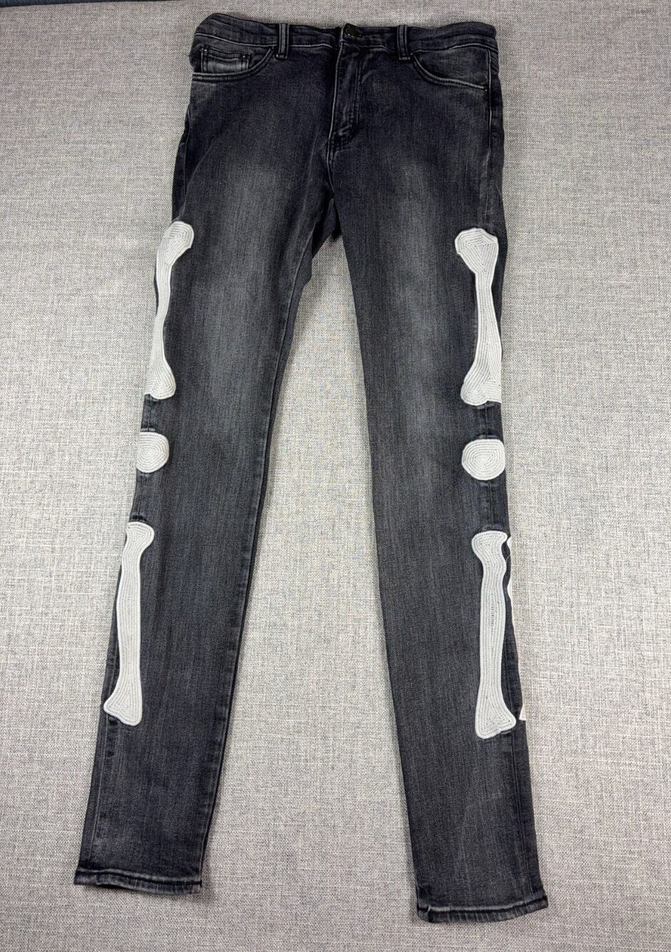 MNML Skeleton Bone Jeans Mens 31x34 Black Gray Slim Streetwear Goth Punk